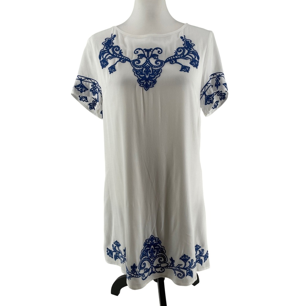 Lulus Shift Mini Dress Womens Medium Blue Embroidered Artsy Italian Coastal Chic